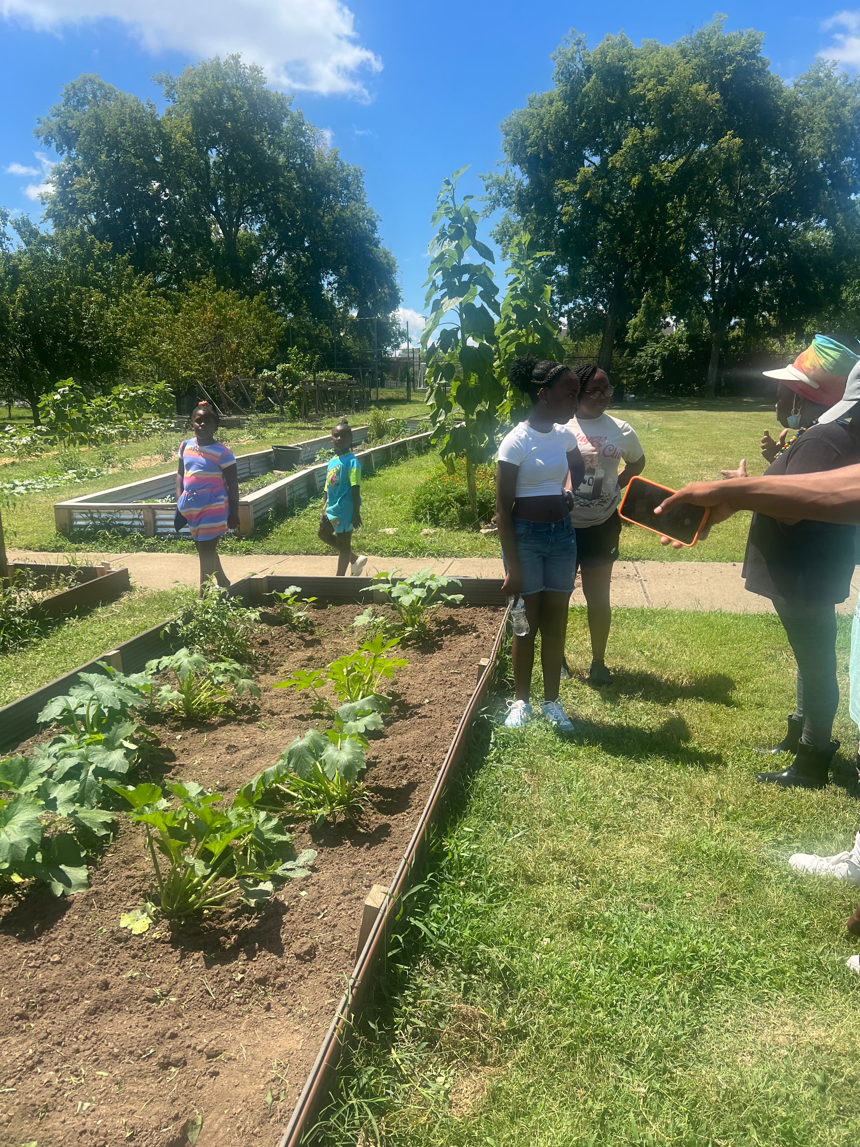 Community members and youth working together in garden rows
